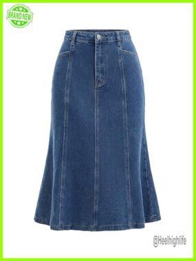 Fishtail Denim Midi Skirt High Waist Fit and Flare Jean Skirt